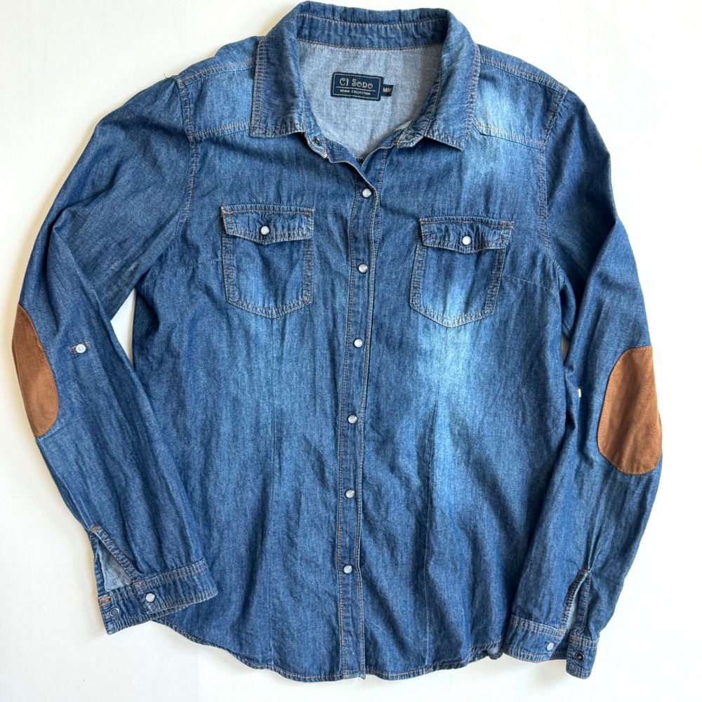 Ci Sono Womens Western Dark Wash Denim Button Down Shirt Elbow Patches Medium